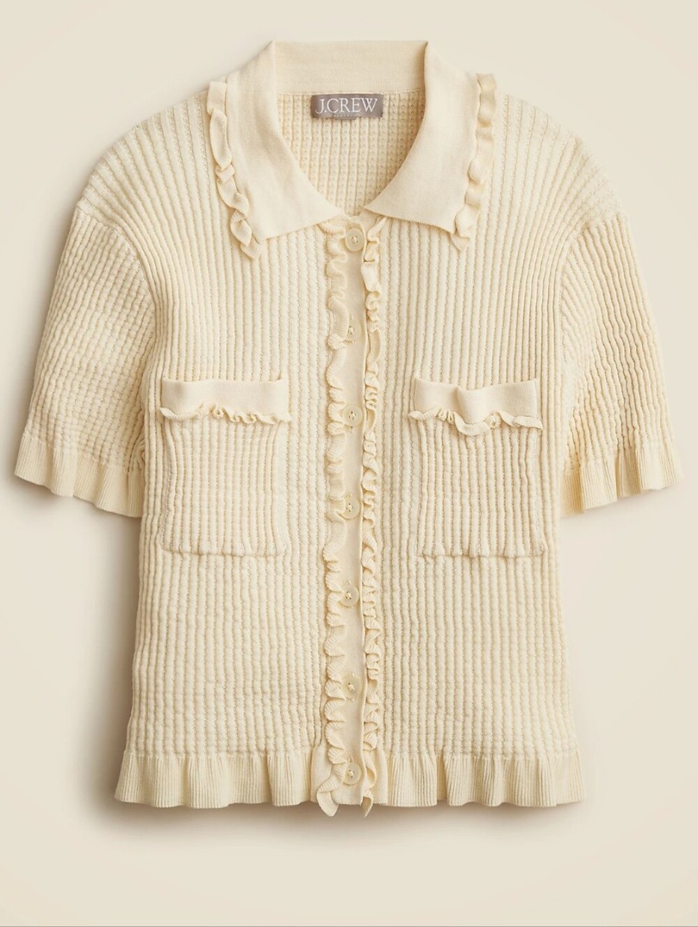J. Crew Pointelle Ruffle-trim Cardigan Short Sleeve Warm Sesame Size Large